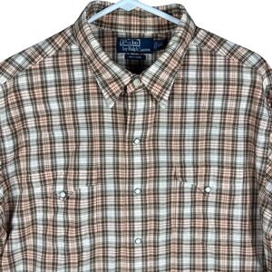 Polo Ralph Lauren Western Shirt Mens XXL Brown Peach Plaid Pearl Snap Cotton